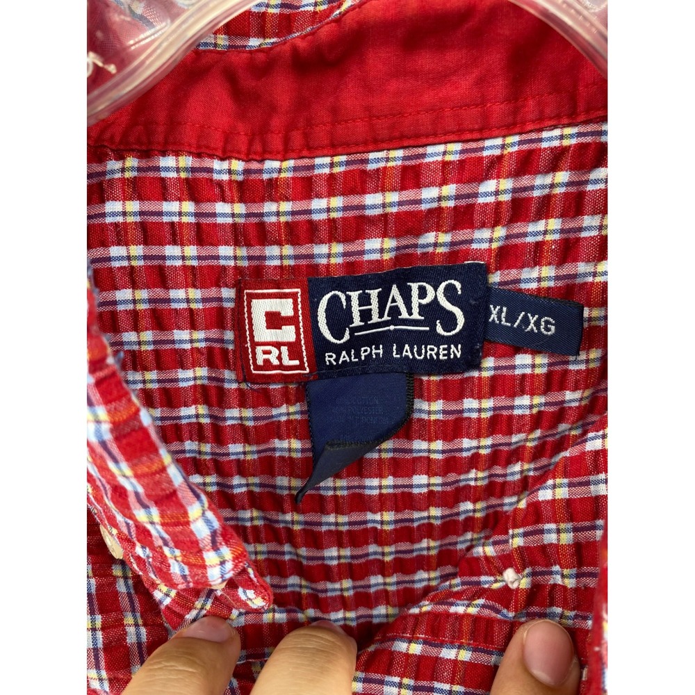Chaps Ralph Lauren Mens XL Red Plaid Seersucker Short Sleeve Button Down Shirt - Picture 4 of 6